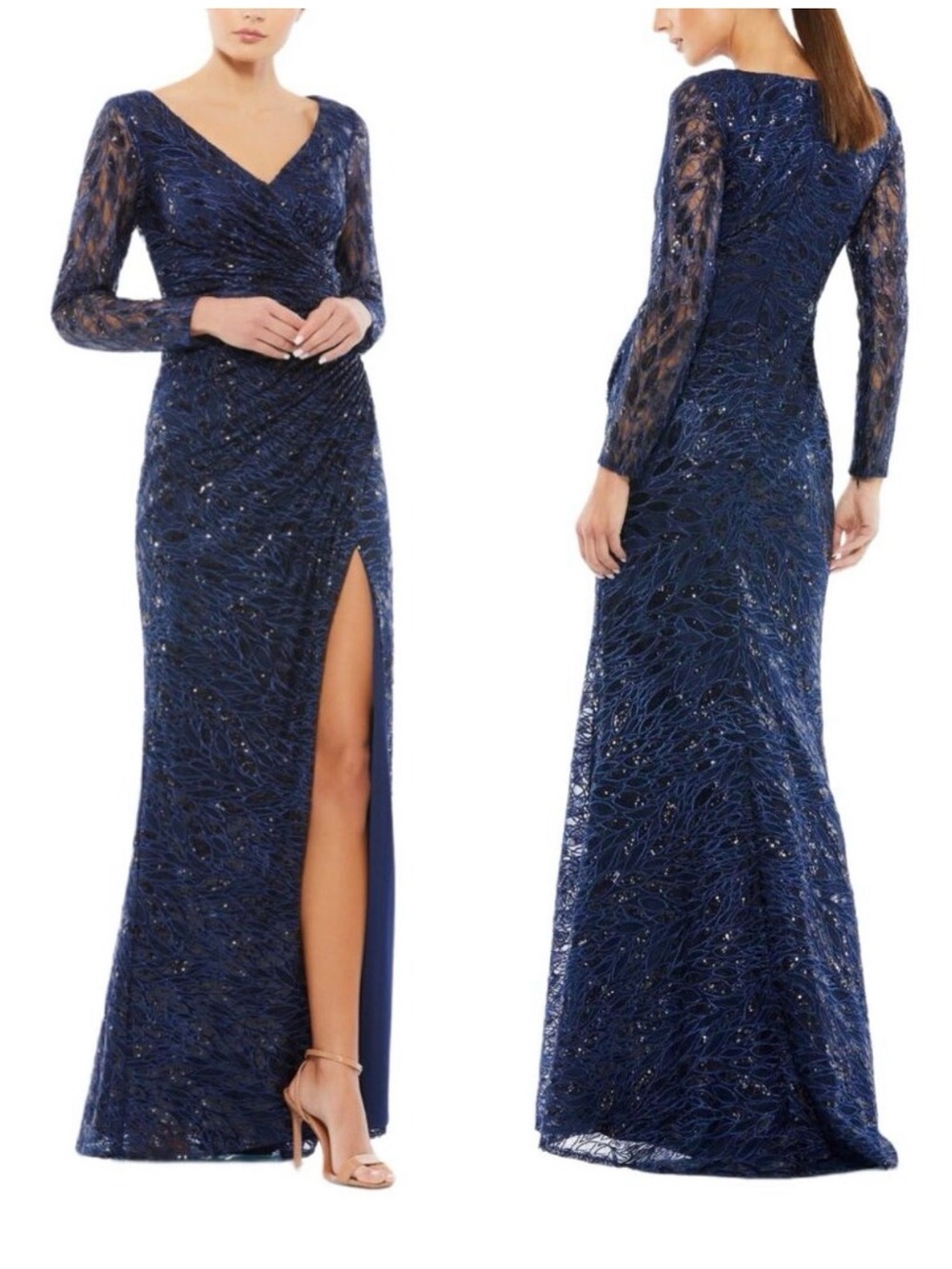 Mac Duggal Long Sleeve Sequin Faux Wrap Gown in Midnight Size US 14